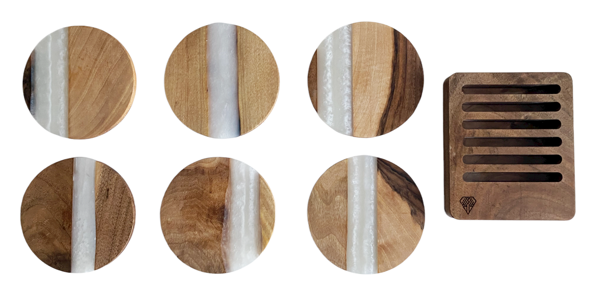 Untersetzer Set mit Halterung - Rund Holz Weiß Epoxydharz
