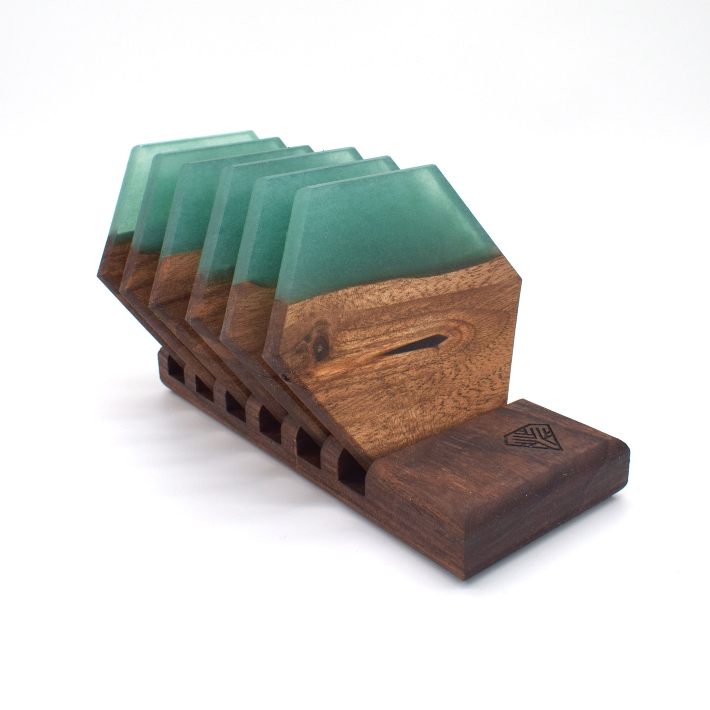 Untersetzer Set mit Halterung - Sechseck Holz Grün Epoxydharz