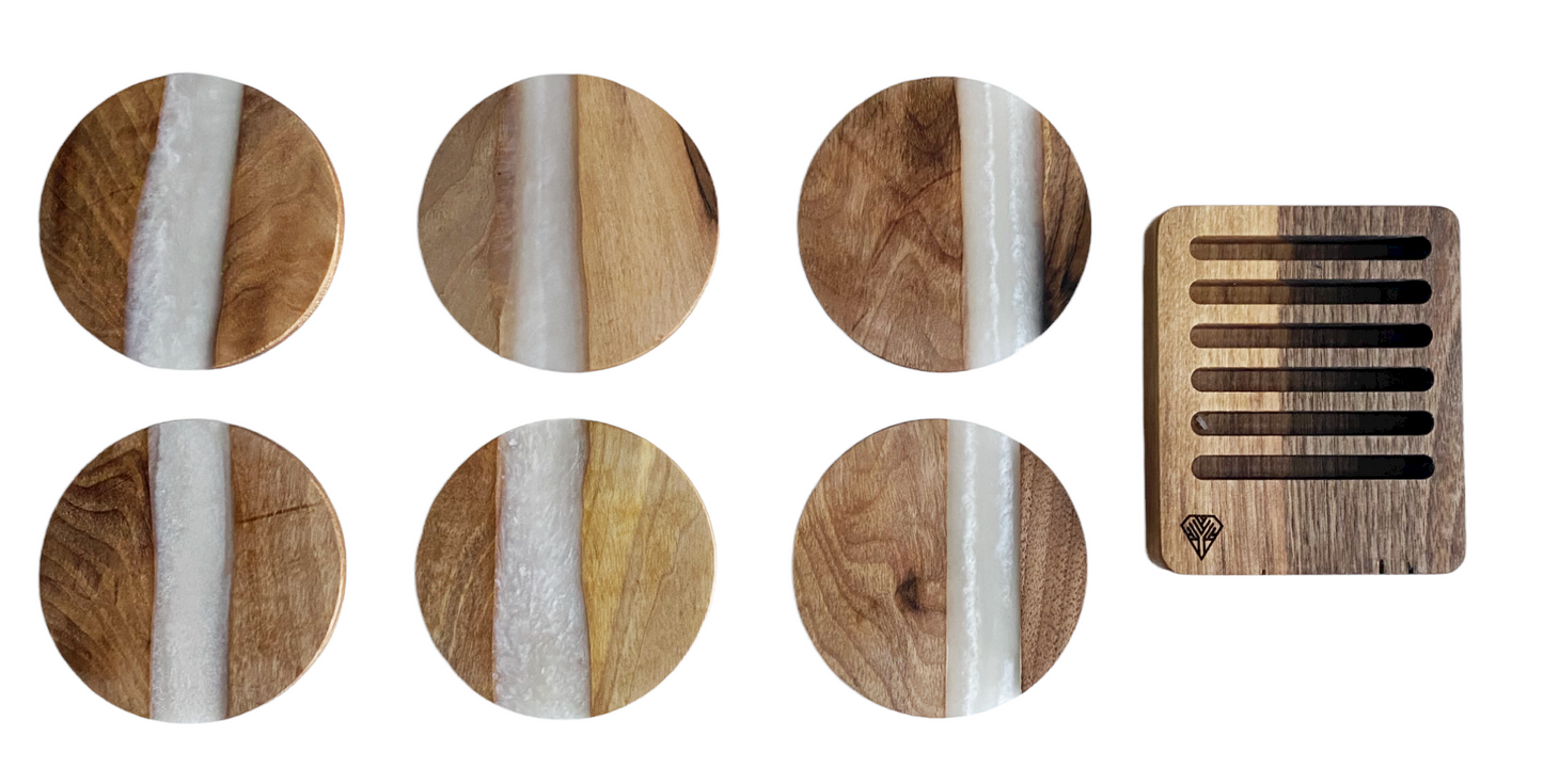 Untersetzer Set mit Halterung - Rund Holz Weiß Epoxydharz