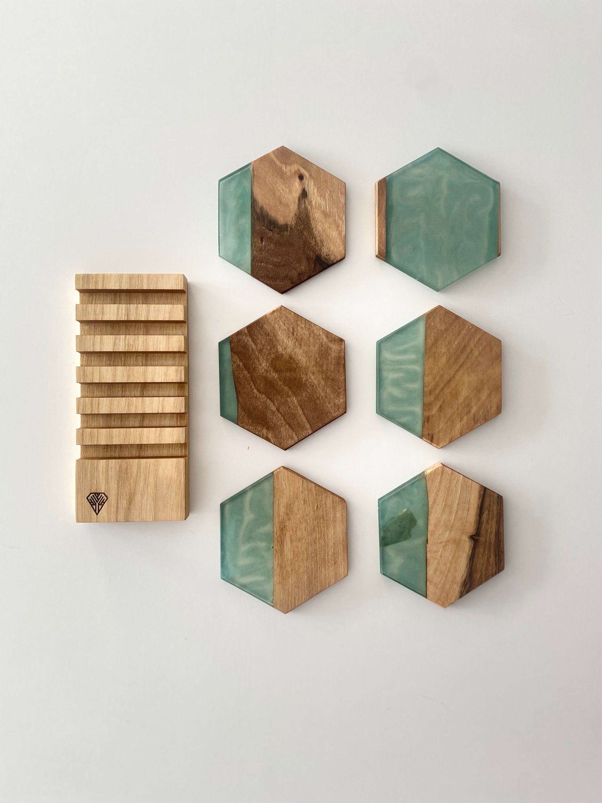 Untersetzer Set mit Halterung - Sechseck Holz Grün Epoxydharz