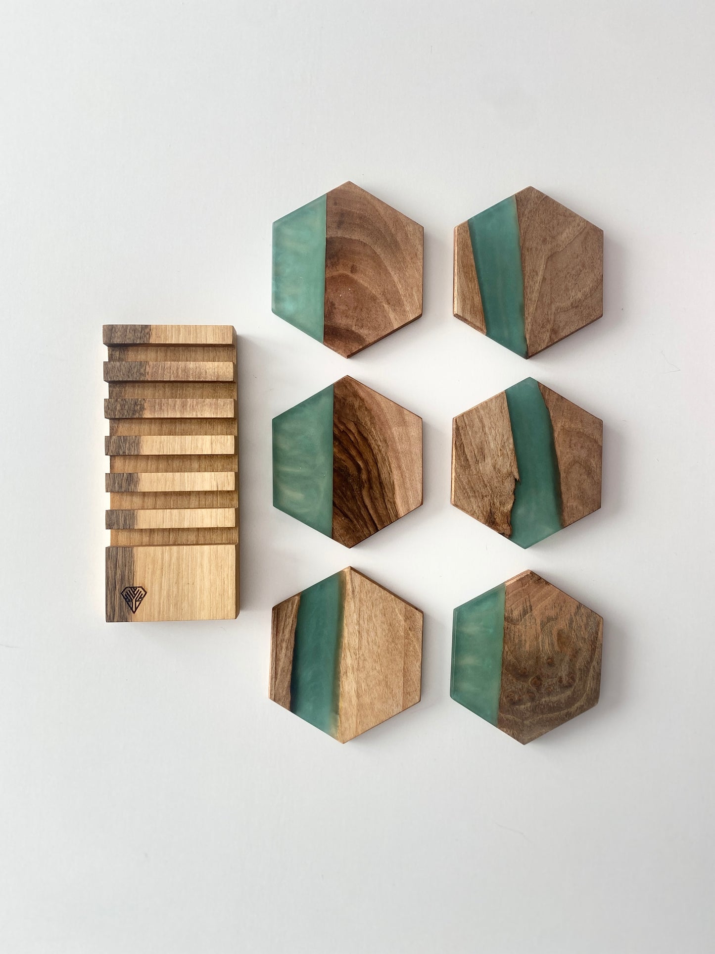 Untersetzer Set mit Halterung - Sechseck Holz Grün Epoxydharz
