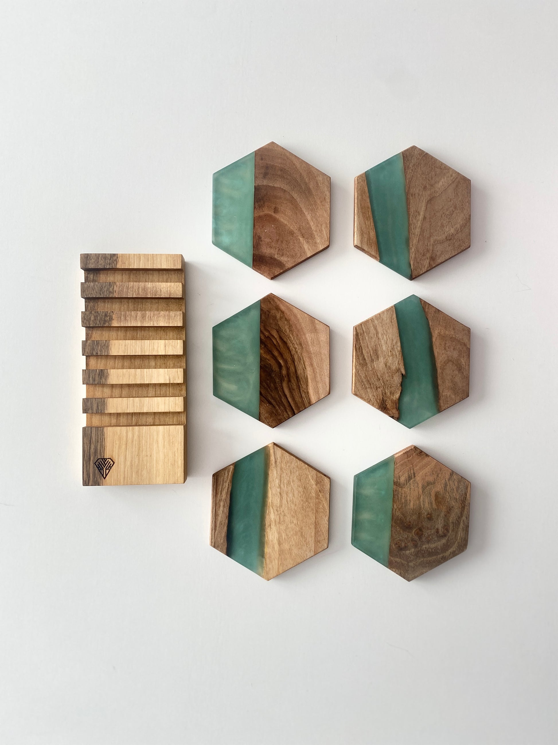 Untersetzer Set mit Halterung - Sechseck Holz Grün Epoxydharz