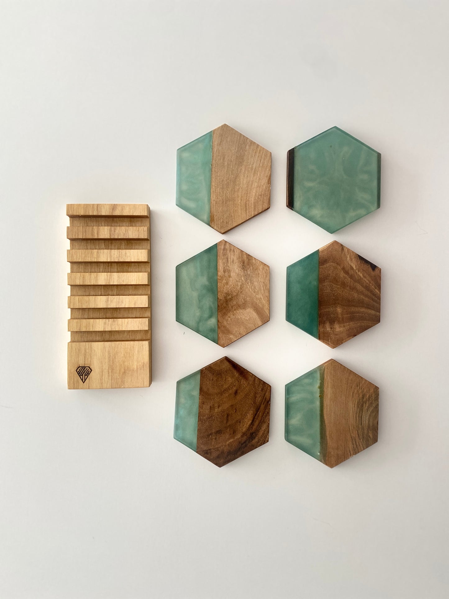 Untersetzer Set mit Halterung - Sechseck Holz Grün Epoxydharz